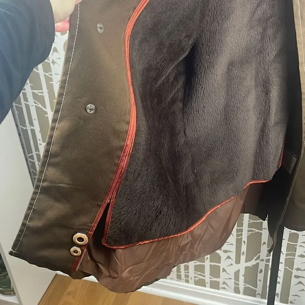 Vtg Deadstock 70s Brown Belted Jacket w Removable Faux Fur Lining 42